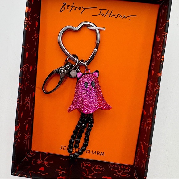 Betsey Johnson Pink Rhinestone Ghost Cat Handbag Charm Keychain Halloween Bling - Picture 1 of 6